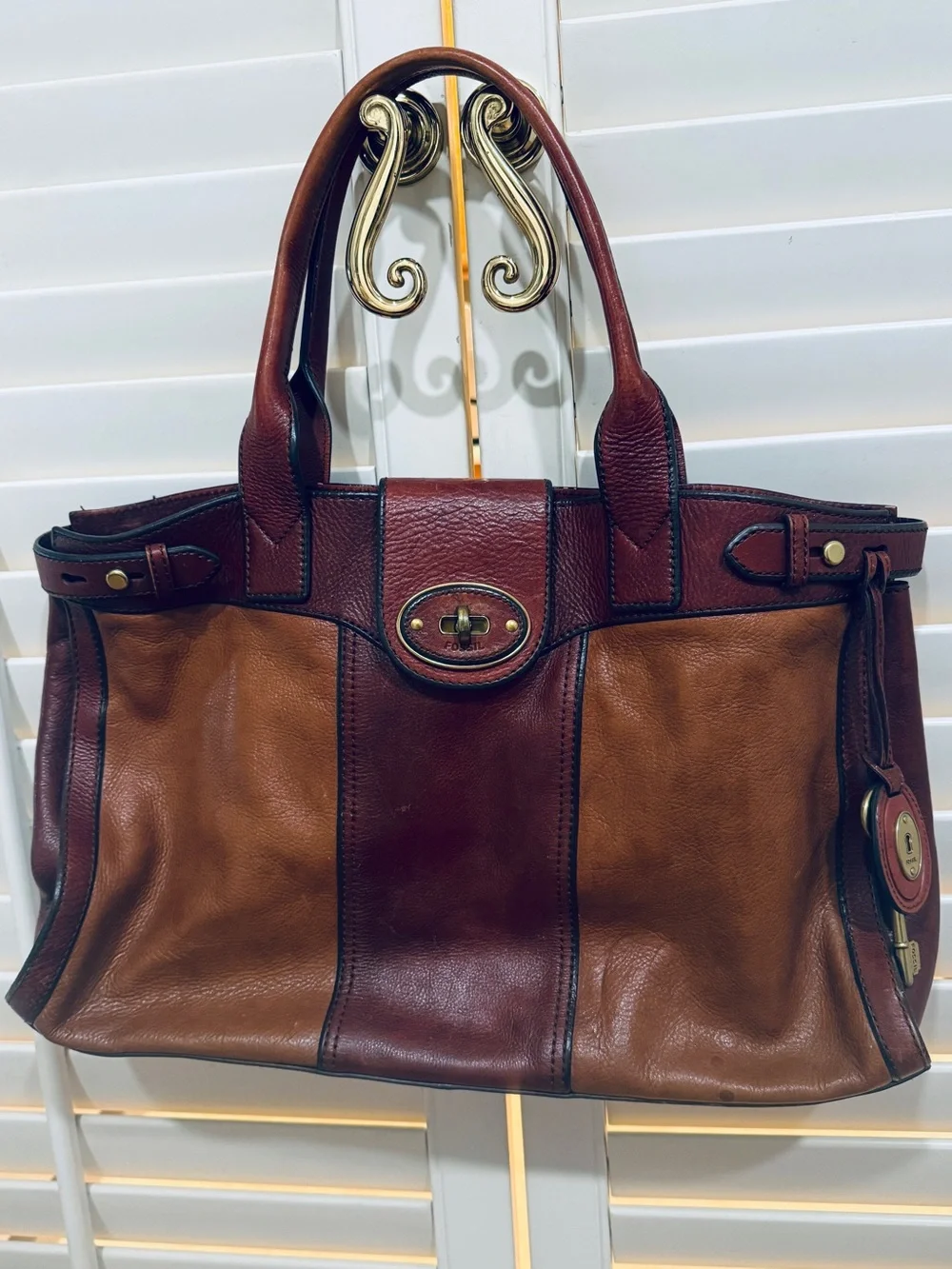 Fossil Two-Tone Brown Leather Shoulder Tote